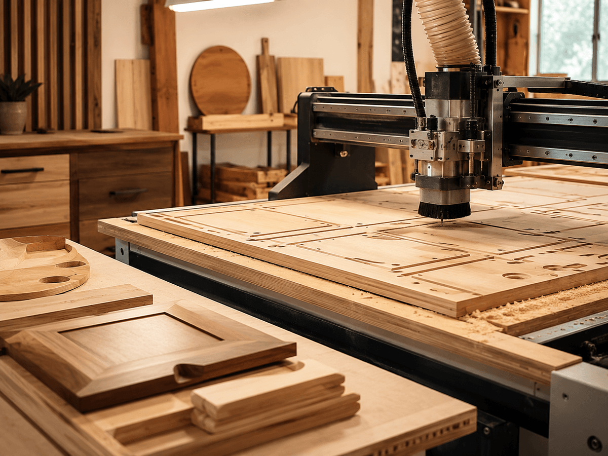 CNC router cutting wood panels in a workshop